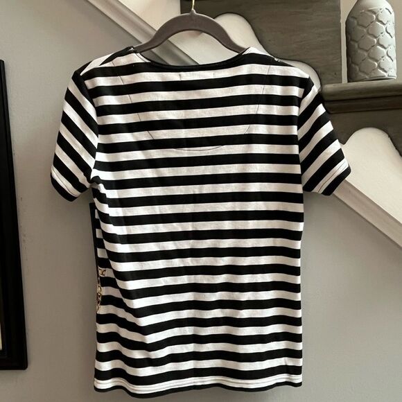 Rebecca Malone Black & White Stripe Seashell Embellished T-Shirt sz SP EUC - Picture 4 of 4